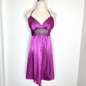 B Darlin Satin Halter Babydoll Dress Rhinestone Detail Womens 5/6 Magenta Pink